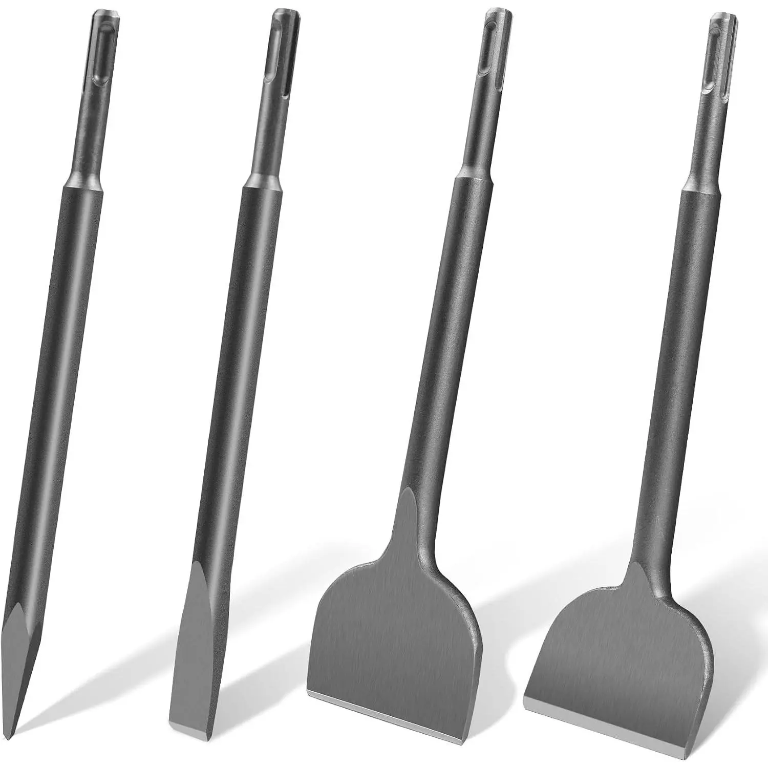 4Pcs SDS Plus Chisels Set, 3" x 10" Flat & 20° Bent Tile Removal Bits, Point & 0.8" x 10" Narrow Flat Chisel Made of 40Cr Alloy Steel, Fits Most Rotary Hammers & Impact Drills