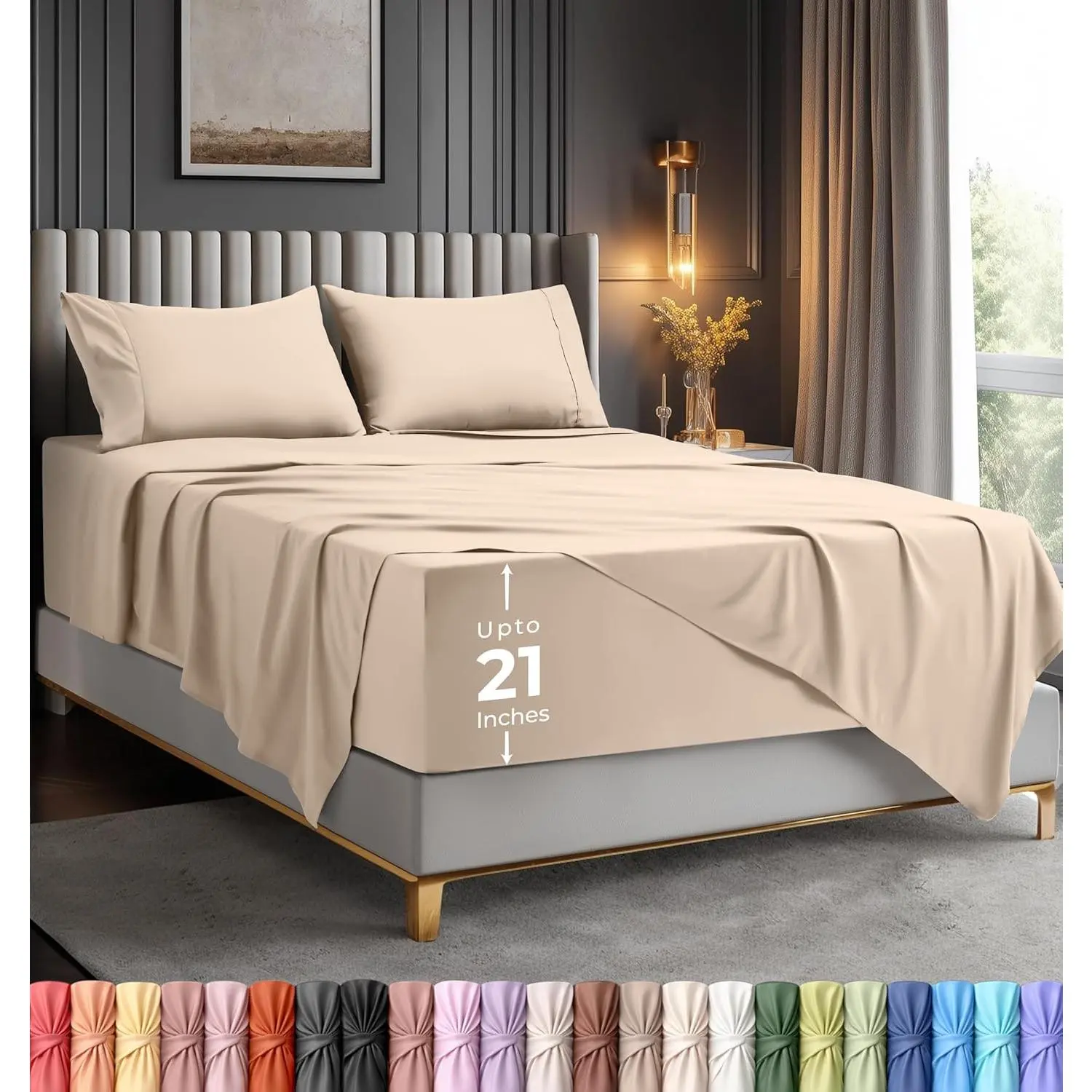 Queen Size Solid Neutral Brushed Microfiber Deep Sheet Set - 4 Pieces, Cooling, Soft, Breathable - Fits Up to 21 in, Oeko-Tex Certified, Year-Round Bedding (Beige)