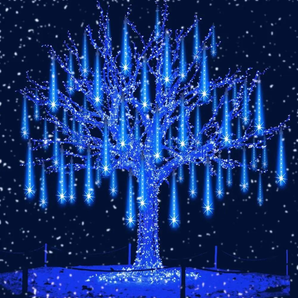 Christmas Lights Outdoor, UL Certified Blue Meteor Shower Lights | 8Tubes 192LED Falling Rain Drop Snow Icicle String Lights, Decor for Xmas Tree Party Wedding Holiday Yard Backyard Patio