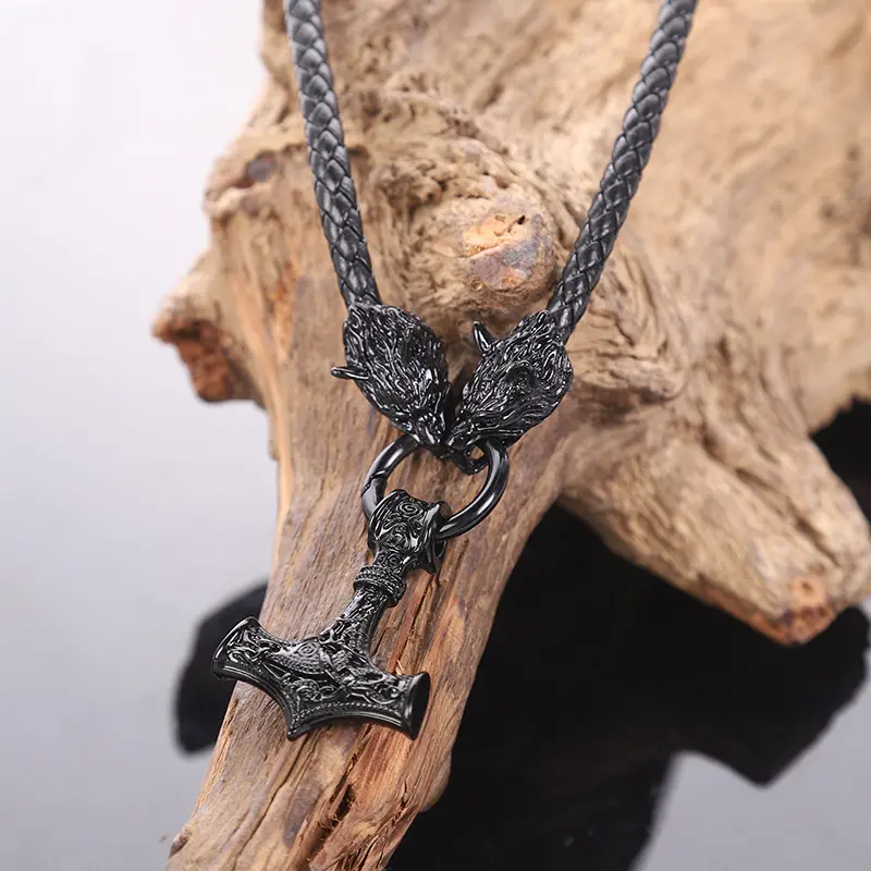 Thors Hammer Wolf Head Pendant Necklace Retro Nordic Viking Leather Rope Chain Amulet Choker Statement Heavy Metal Jewelry For Men Halloween Cosplay Party Theme Punk Rock Festival Neckwear