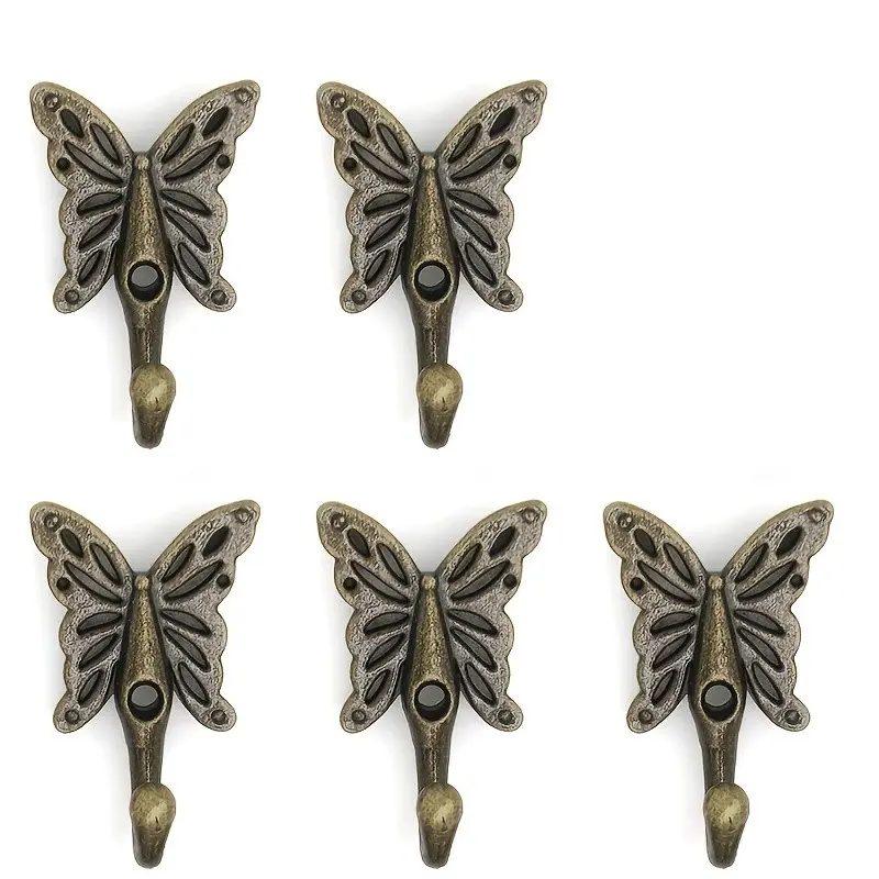 5-Pack Vintage Brass Butterfly Hooks, Decorative Wall-Mounted Door Hangers with Screws, Stylish Hanging Accessories for Home Decor