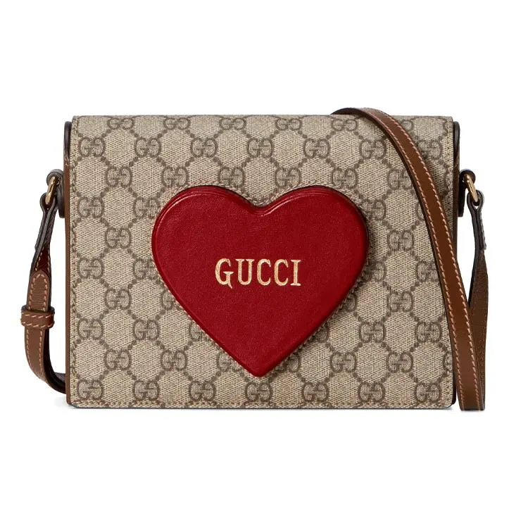 Gucci Valentine's Day Mini Crossbody Bag for Women – Golden Vintage Logo Monogram Canvas and Leather Messenger Bag with 3D Heart Charm