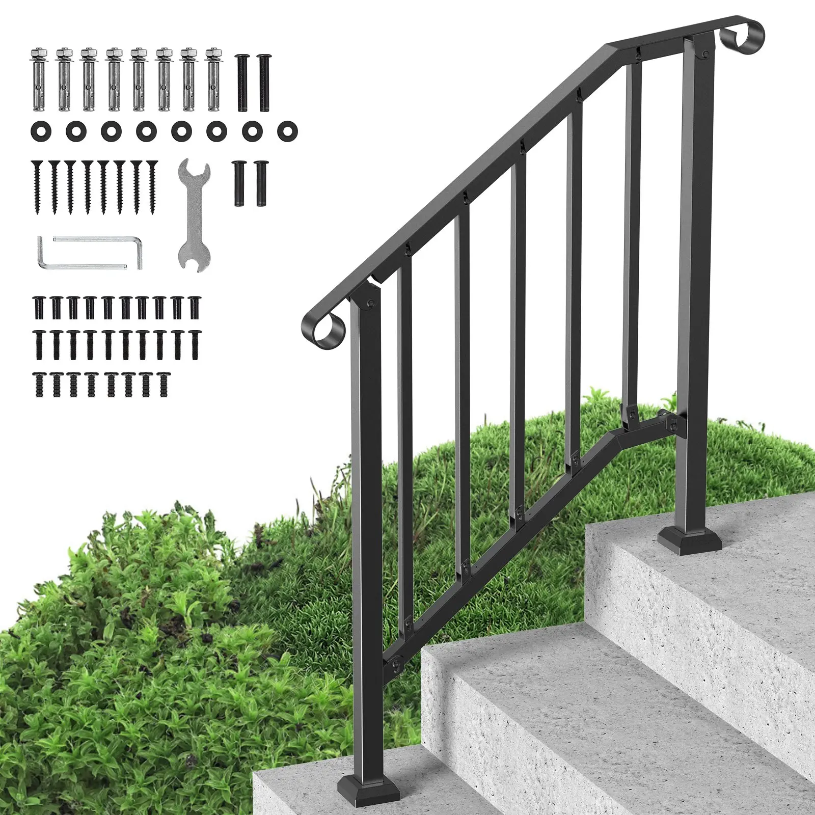 VEVOR Handrails for Outdoor Steps, 2-3 Step Stair Hand Rail Kit, Transitional Carbon Steel Railings with Installation Kit, Stair Rails for Seniors, Concrete Steps Porch Deck, Black Retro Arch