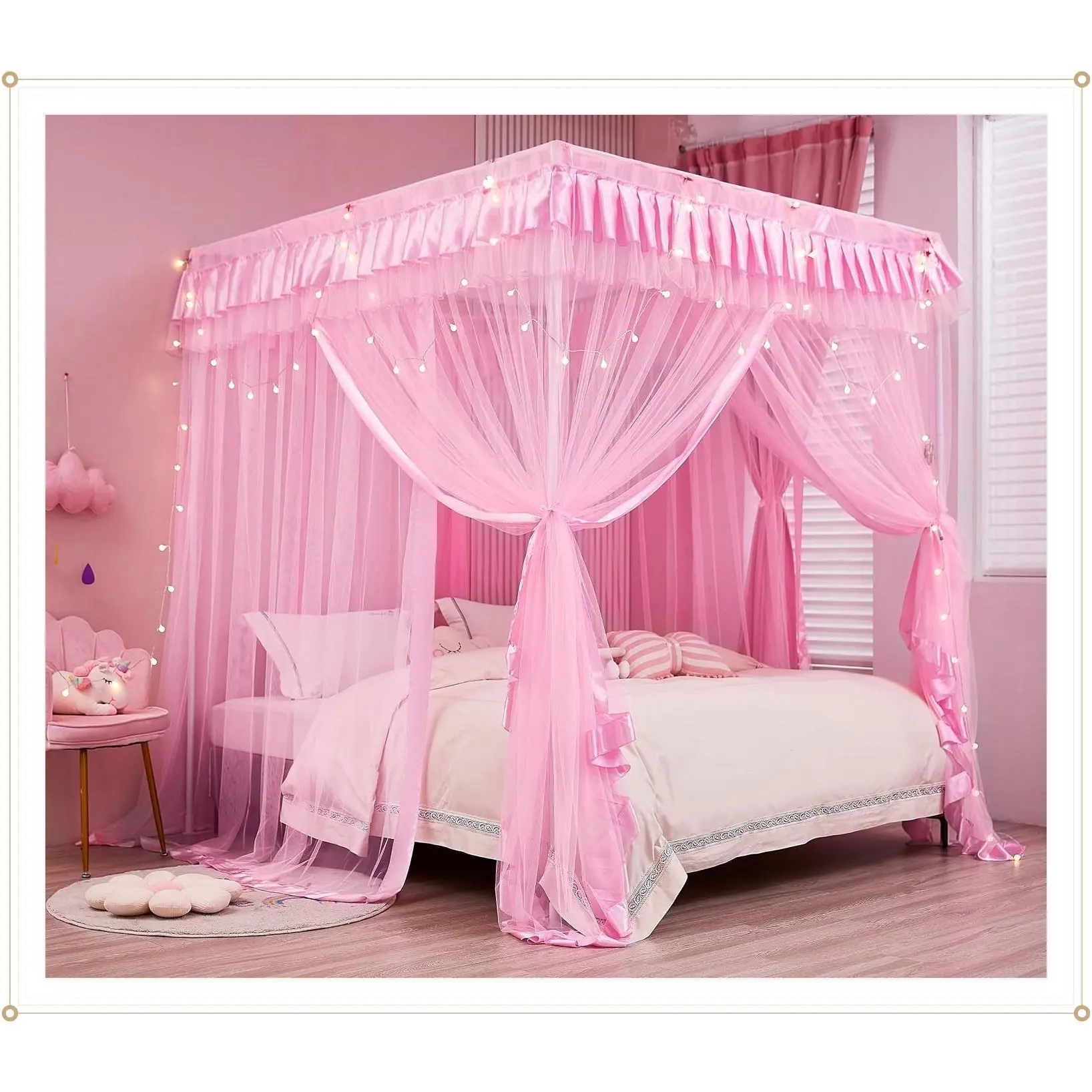 Full Size 4 Corner Post Canopy Bed Curtains for Girls, Royal Luxurious Cozy Canopy Netting Drape for Kids Adults, Cute Princess Bedroom Decoration, PinkGift