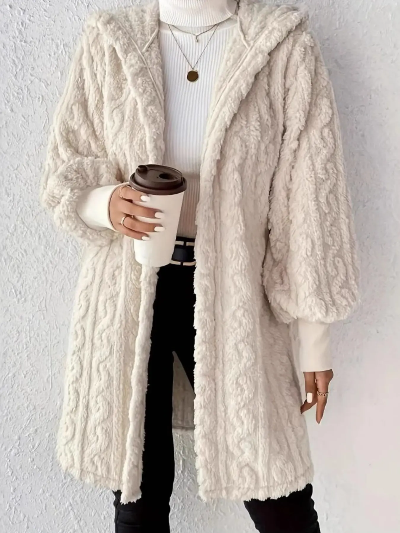 Women's Long Sleeve Hooded Cardigan, Loose-Fitting Warm Coat, Plain Pattern, Casual Style, All Seasons, Medium Length, H Type Silhouette