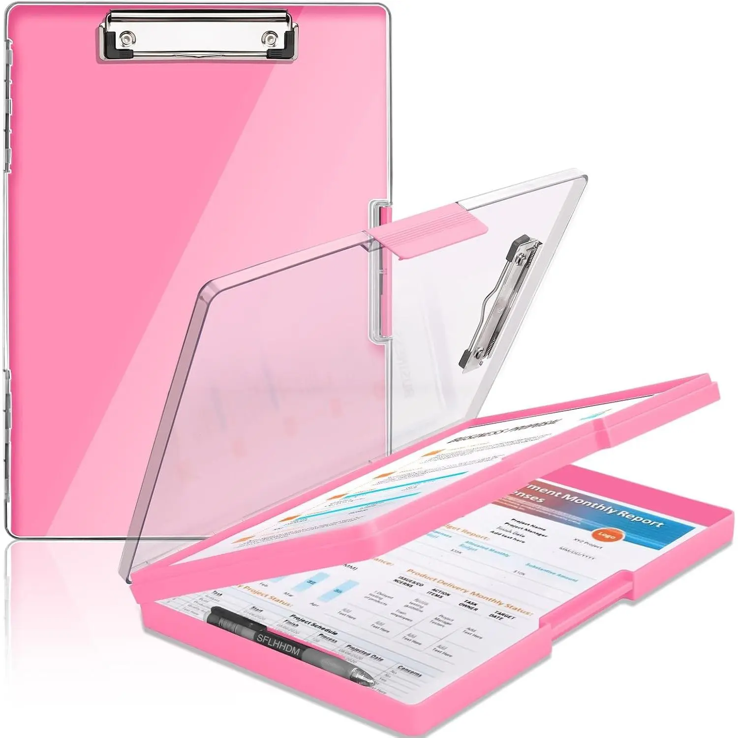 Clipboard with Storage,Heavy Duty Clip Boards 8.5x11 with 2 Storage Case,Clear Visible Panel Storage Clipboards,Side Opening Nursing Clipboard Folder for Office Supplies-Pink