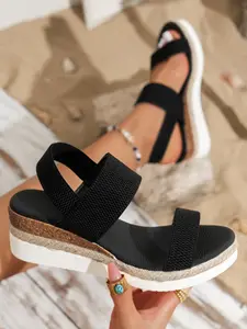 2026 Summer New Elastic Webbing Hemp Rope Edge Wedge Sandals Women, Crisscross Strap Sandals, Dual Wide Straps Open Toe Back Strap Waterproof Thick Sole Shoes