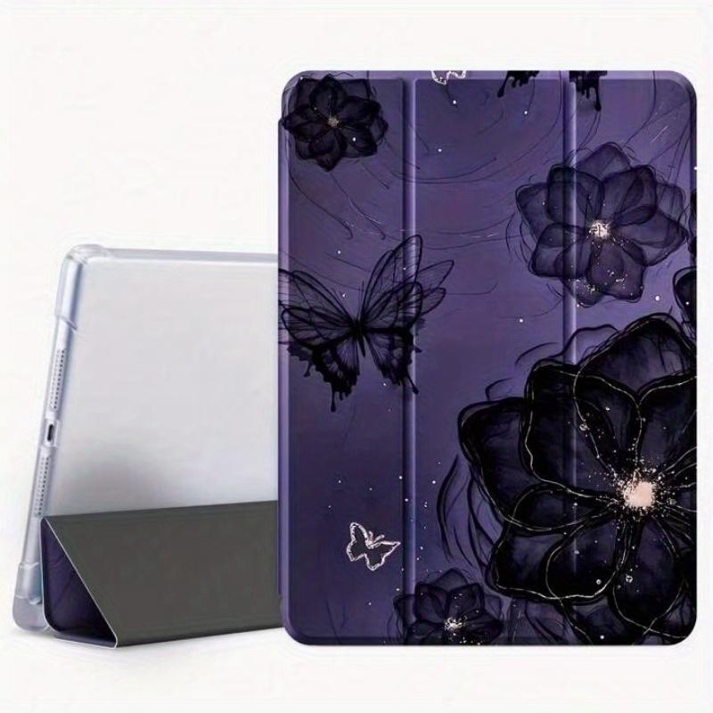 Dark purple butterfly floral pattern, with adjustable stand and pencil holder , foldable non-slip TPU protective case, suitable for Samsung, iPad mini, iPad Air, iPad Pro/iPad 10th generation, 11th generation and other iPad series protective cases.