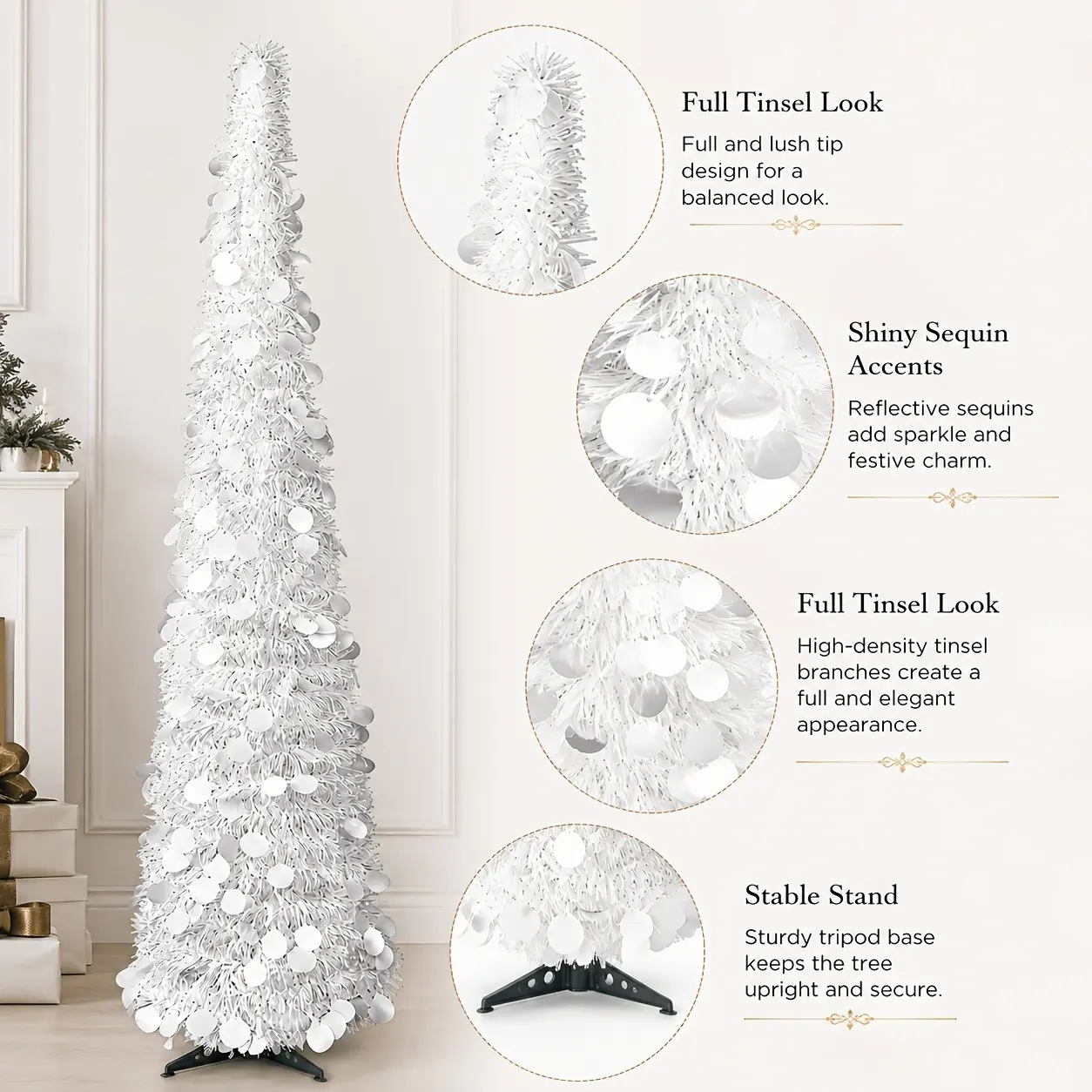 5ft Artificial Christmas Tree Pop Up White Tinsel Pencil Xmas Tree With Silver Sequins, Collapsible Slim Christmas Tree With Stable Stand, Indoor Decor For Christmas Halloween Wedding Party Bridal Shower