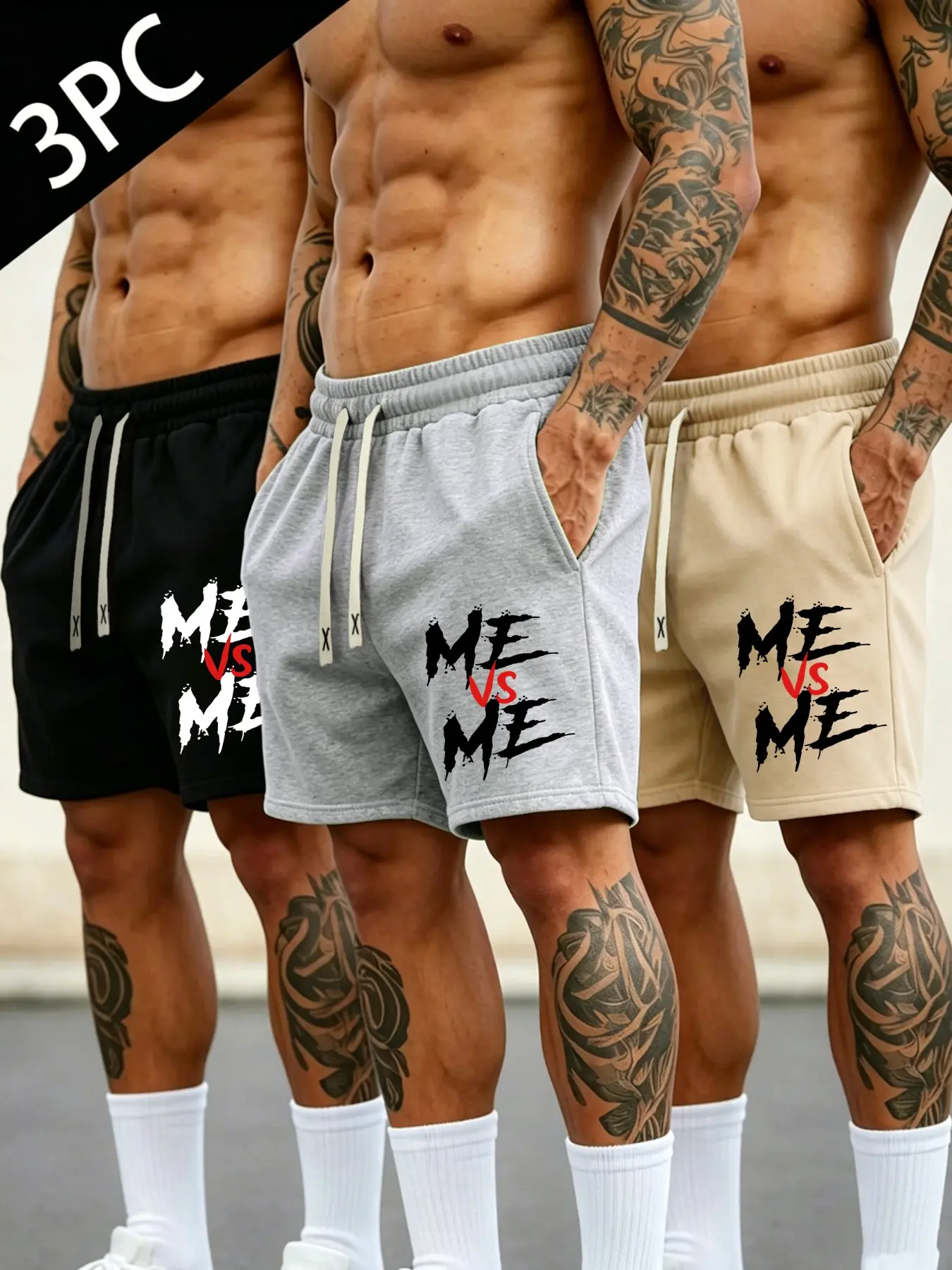 3 Pack Men Elastic Drawstring Knee Length Sweat Shorts Me Vs Me Graffiti Brush Font Front Graphic Print Loose Fit Motivational Casual Streetwear Bottoms For Summer Daily Gym Leisure Outfit#MeVsMeGraffitiShorts#trendingshorts #viraloutfits