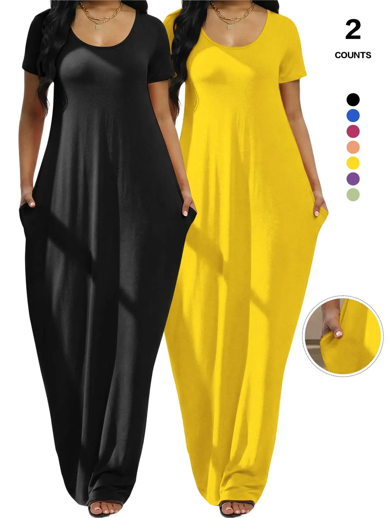 2pcs Plus Size Basic Maxi Dress, Short Sleeve Round Neck, Stretch Soft Fabric, Fall Casual Loungewear, Side Pockets, Loose Flowy Fit, Versatile Home Dress
