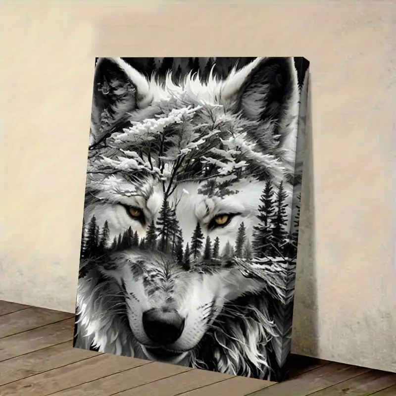 1pc Framed Wolf & Forest Canvas Art Print - Winter Wonderland Wall Decor with Snow-Covered Trees, Black & White Wolf Design, Perfect for Home, Bedroom, Living Room, or Hallway, Unique Winter-Themed Canvas Poster, Wolf Decor, 2D Flat