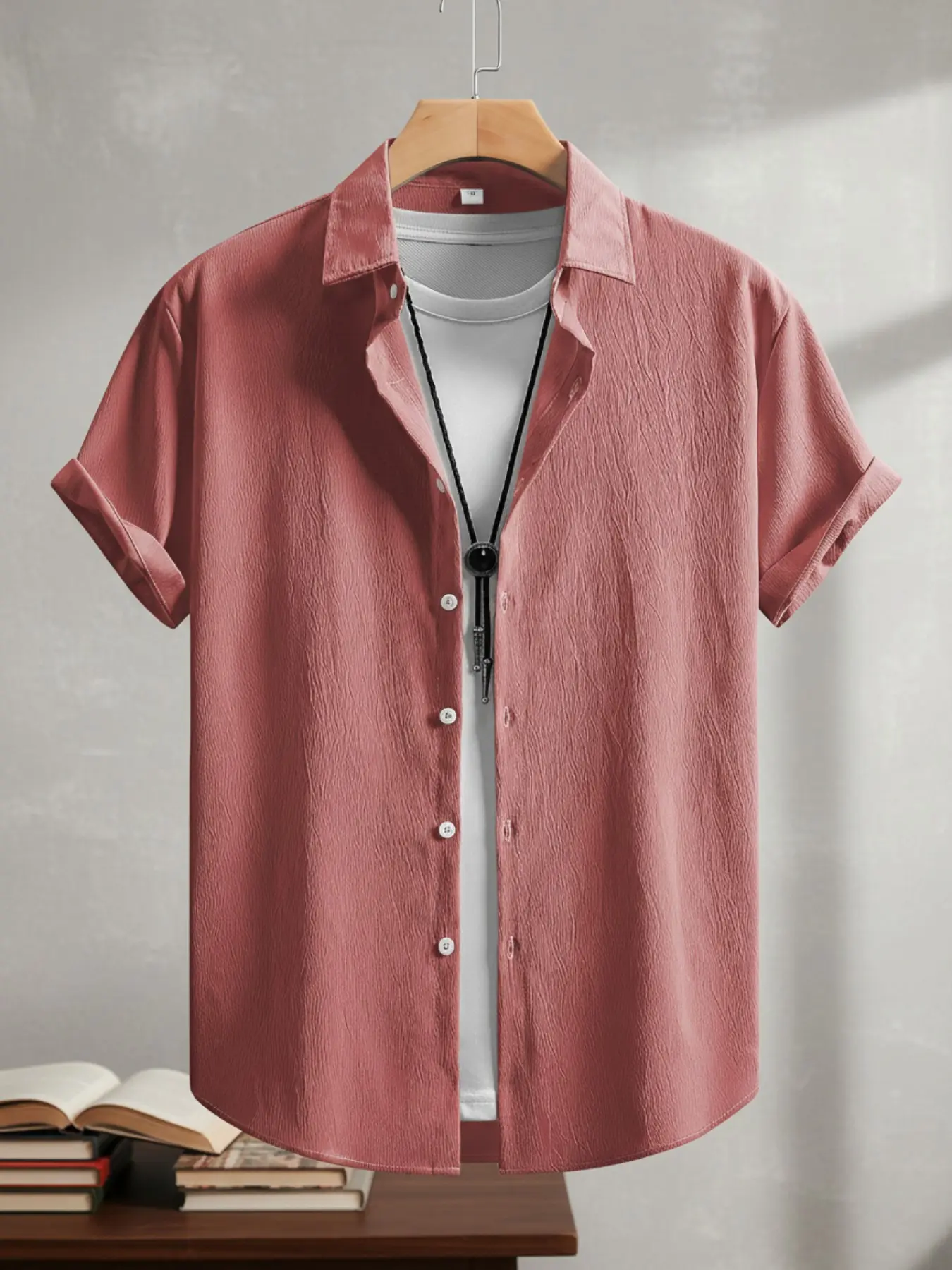 Men’s Solid Black Plain Crinkle Wrinkle Textured Short Sleeve Button Down Shirt, Lightweight No-Iron Minimal Casual Summer Single Top S-XXL