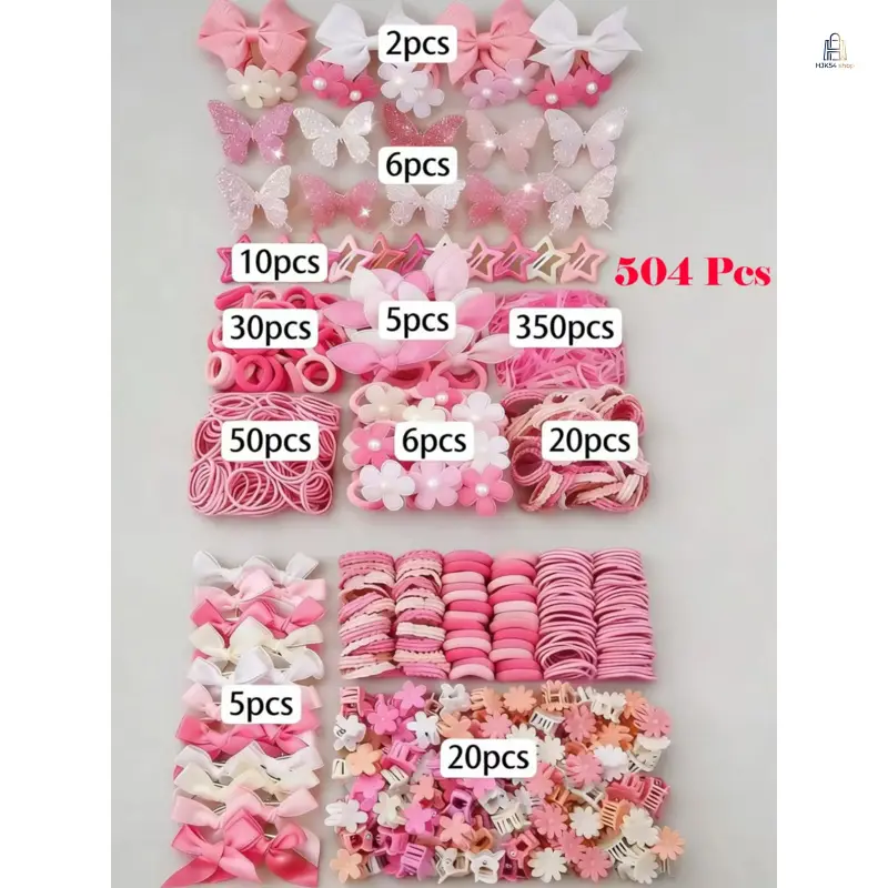 Girls' 504-Piece Pink Fashion Accessory Set - Bowknot Clips, Rabbit Ears Hair Rings, High-Elastic Non-Damaging Bands, Multi-Purpose Duckbill Barrettes with Soft Stable Grip for Daily Princess Styling