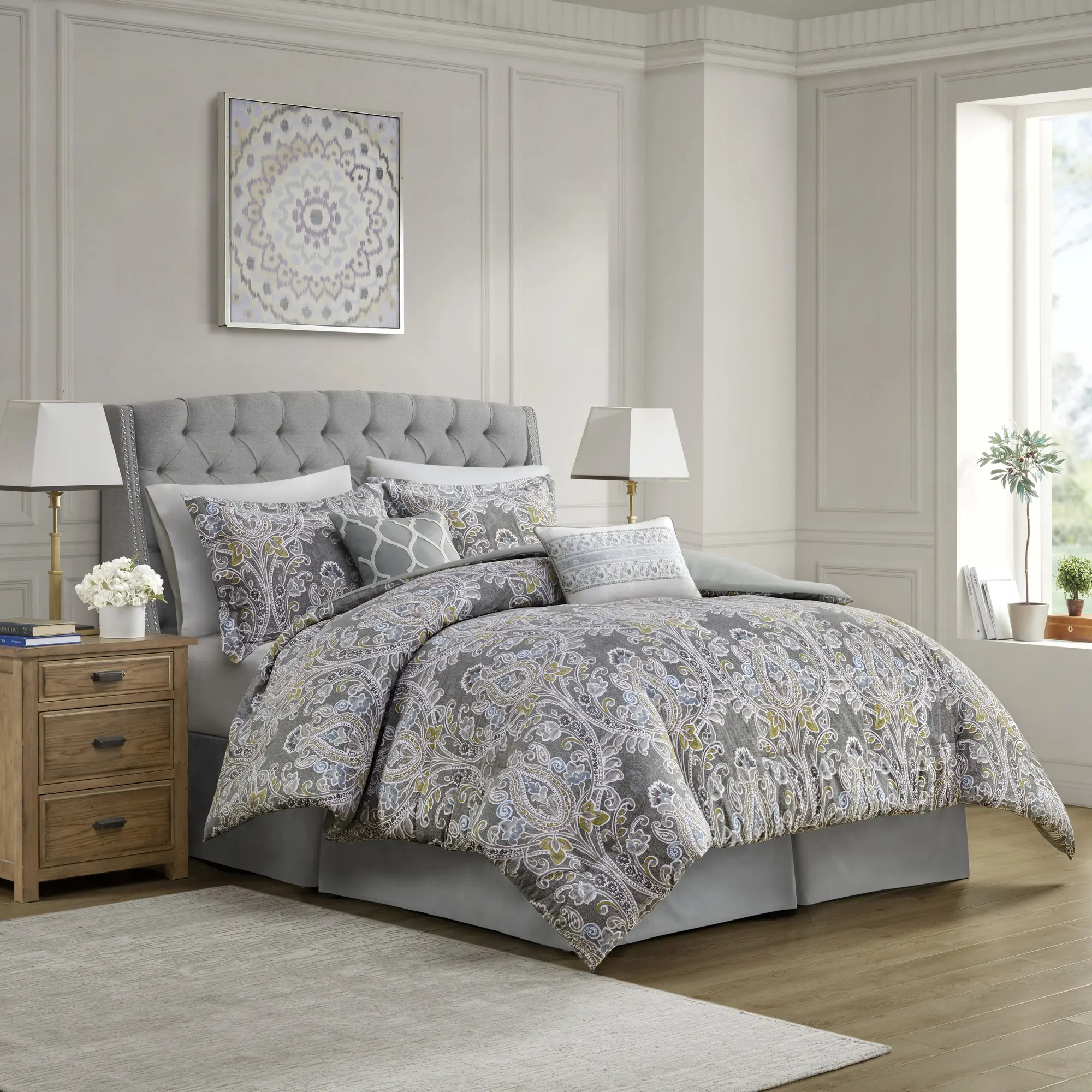 Nokaa 6-Piece Cotton Comforter Set King Size Grey Damask Bed in a Bag with Bed Skirt, Shams, Decorative Pillows, Hypoallergenic Polyester Filling, Oeko-Tex Certified, Machine Washable