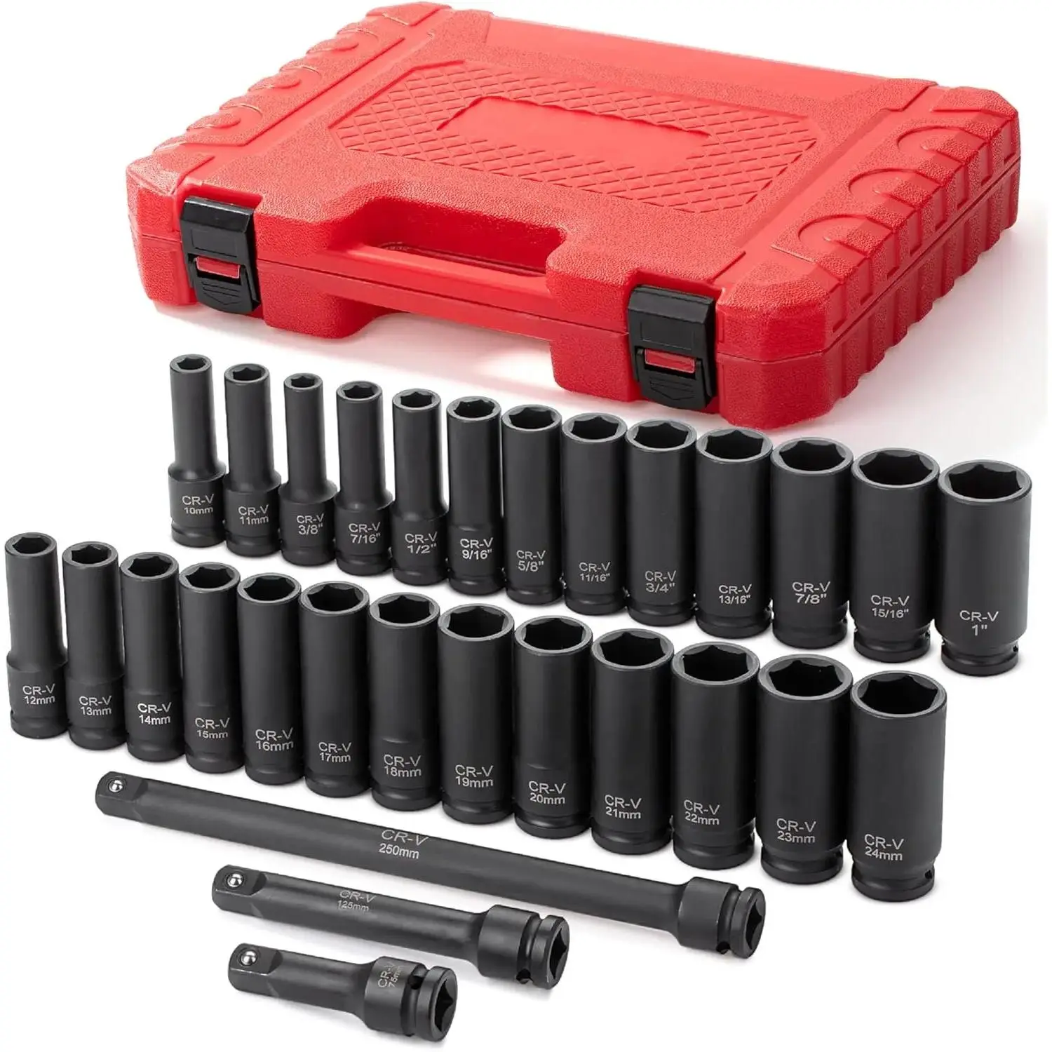 29-Piece 1/2" Drive Deep Socket Set for Impact Wrench, Multi-Size SAE & Metric Sizes, 3" 5" 10" Extension Bars, Chrome Plated