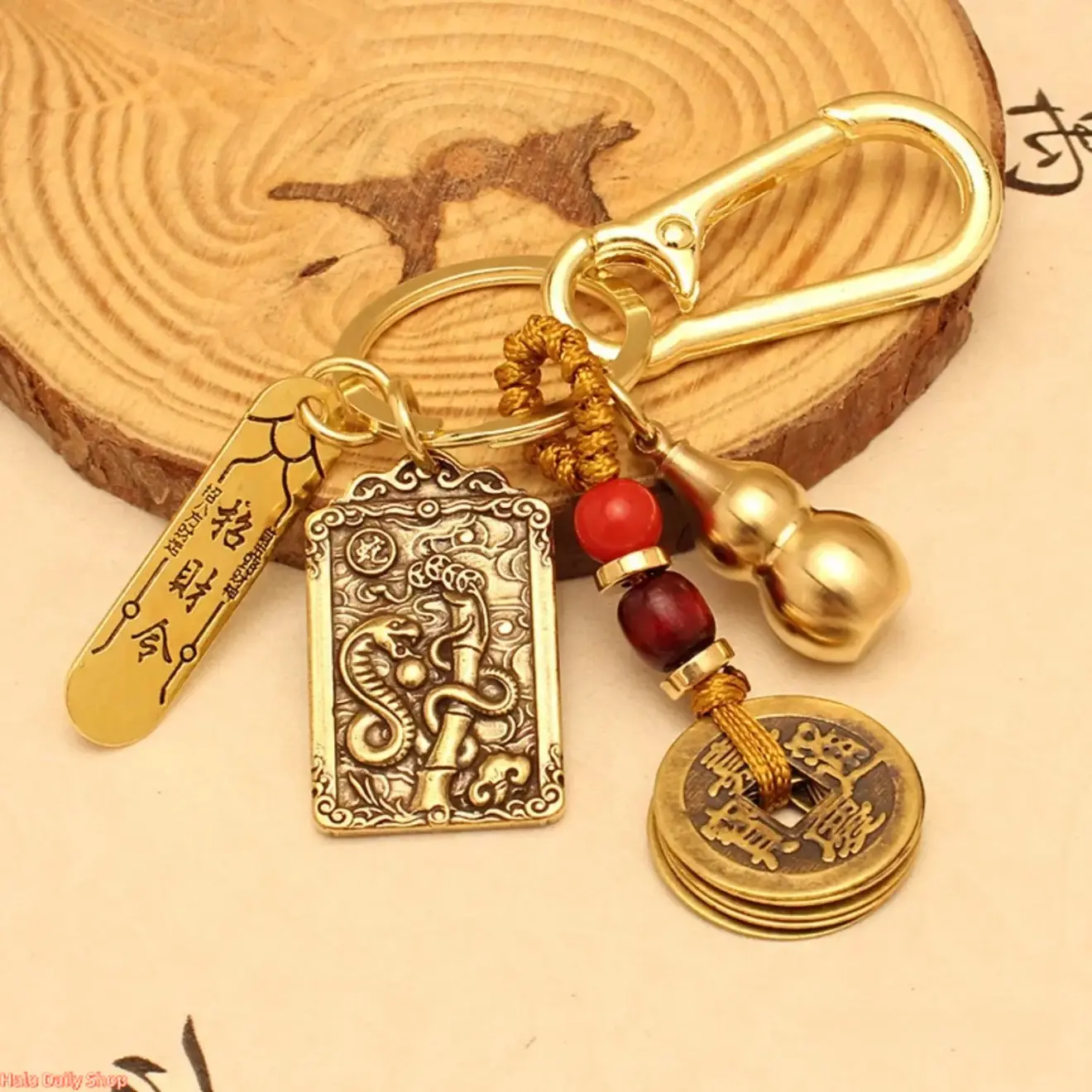 Chinese-Style Snake Zodiac Keychain, Brass Feng Shui Pendant Charm with Gourd and 5 Emperors Money for Car Keys or Gifts, Keychain Charm, Key Chain Jewelry, Aesthetic Keychain