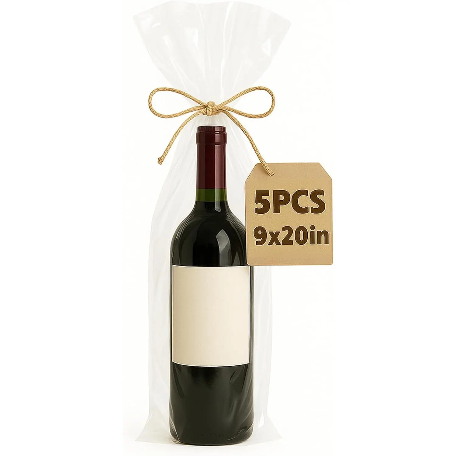 Bottle  Bags 5 count 9x20 Inches Plastic Cellophane Wrap for  Baskets Clear Cello Tall  Bags with Ties Champagne Bottle Wraps