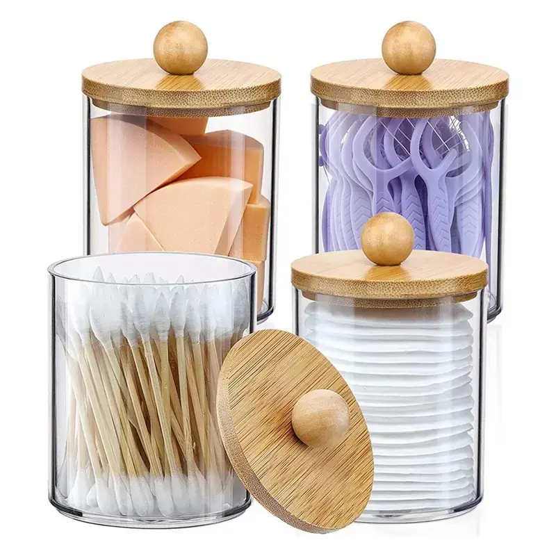 Holder, Bathroom Organizer Accessories Storage Containers Clear Plastic Jars with Bamboo Lids for Cotton Ball,Floss
