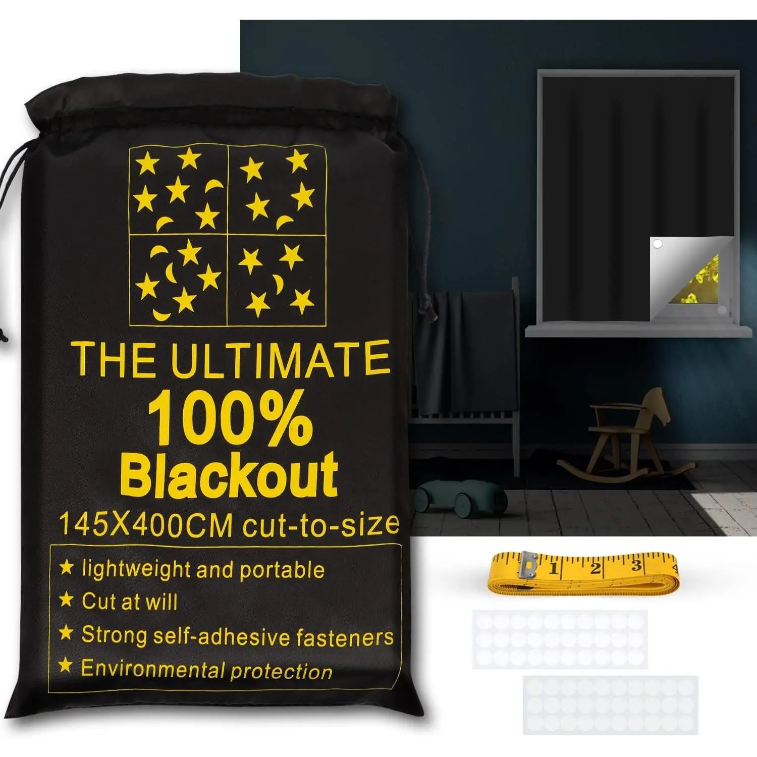 100% Blackout Curtains Portable Temporary Blinds 157x57 Inches, No Drill, Cuttable Fabric, Window Shades for Bedroom Nursery RV Travel, Sun Blocker, Room DarkeningGift