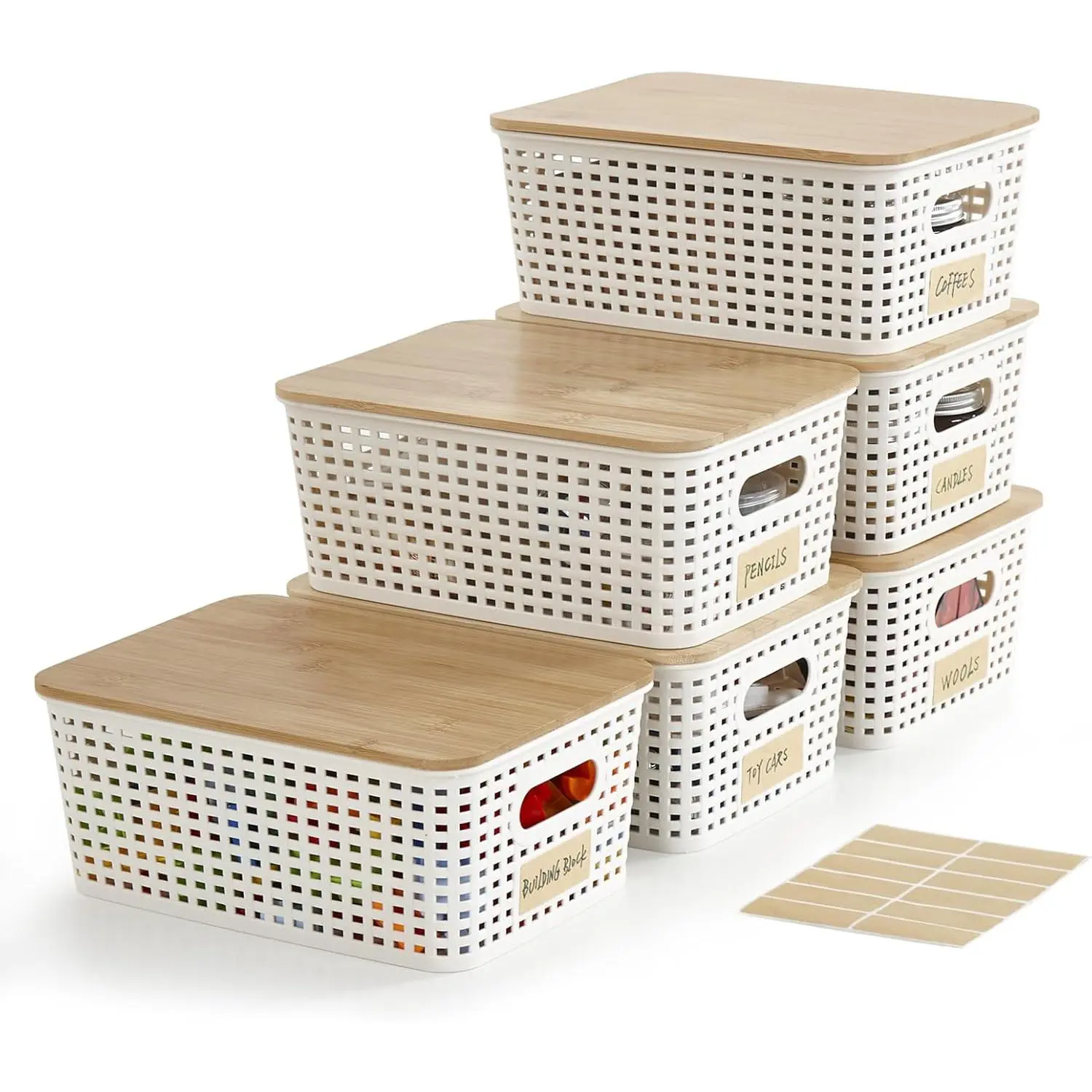 Small plastic storage bins, with bamboo lids, 5.2-quart capacity, stackable, suitable for storage room decoration, cute design, with labels, ideal for organizing desktops, closets, and offices, cream white, set of 6, size 10* 7.2*4.1inch