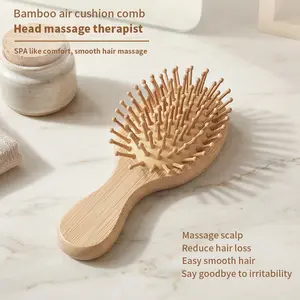 Mini Cushion Bamboo Hair Brush, Portable Scalp Massager, Anti-Static Paddle Brush, Travel Size, Wooden Handle, for Thin/curly/dry Hair