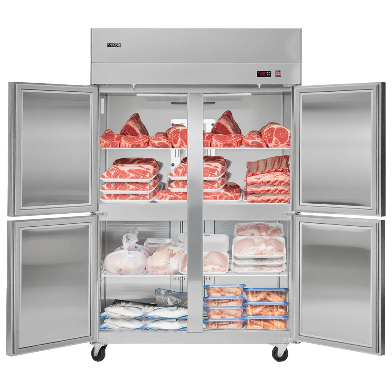 Commercial Freezer, 31.89 in Width Reach In Upright-Freezer Four Door, 31.4 Cu. ft Auto-Defrost Stainless Steel Freezer with 6 Adjustable Shelves, -11 to 14 Temp Control, LED Light, 4 Wheels