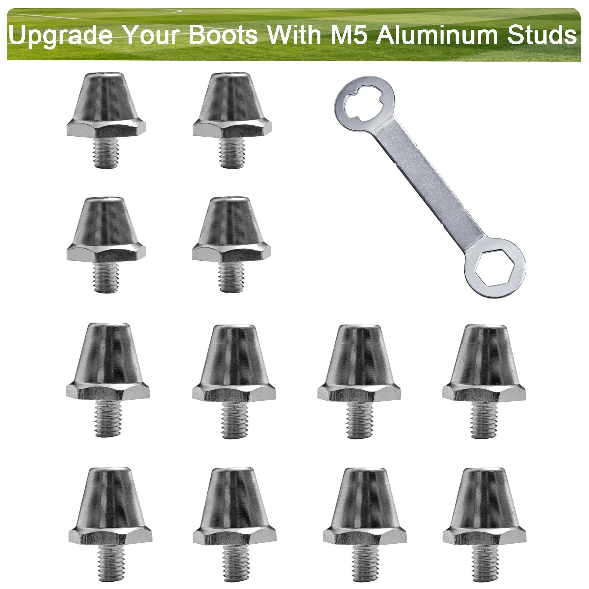 12pcs Aluminum Alloy Football Boot Studs, Non Slip Lawn Stable Replacement Spikes, 11mm&13mm Dual Size Wrench, Universal for Soccer Rugby