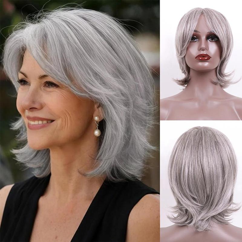 Gray Wigs for Women Grey Silver Medium Length Layered Wig with Curtain Bangs Glueless Natural Looking Mixed Wigs for Thinning Hair Daily and Cosplay(Black Mixed Grey Siler)