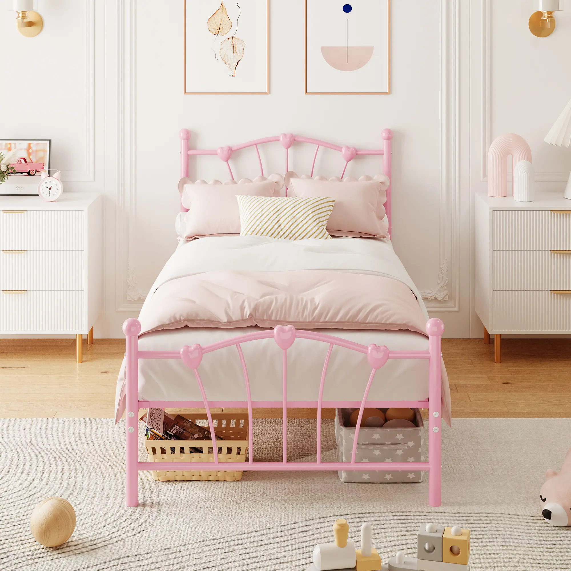 Charming Heart-Shaped Headboard Twin Bed Frame – Sturdy Metal Platform, Slat Support, Underbed Storage, Noise-Free, No Box Spring – Perfect for Kids & Girls