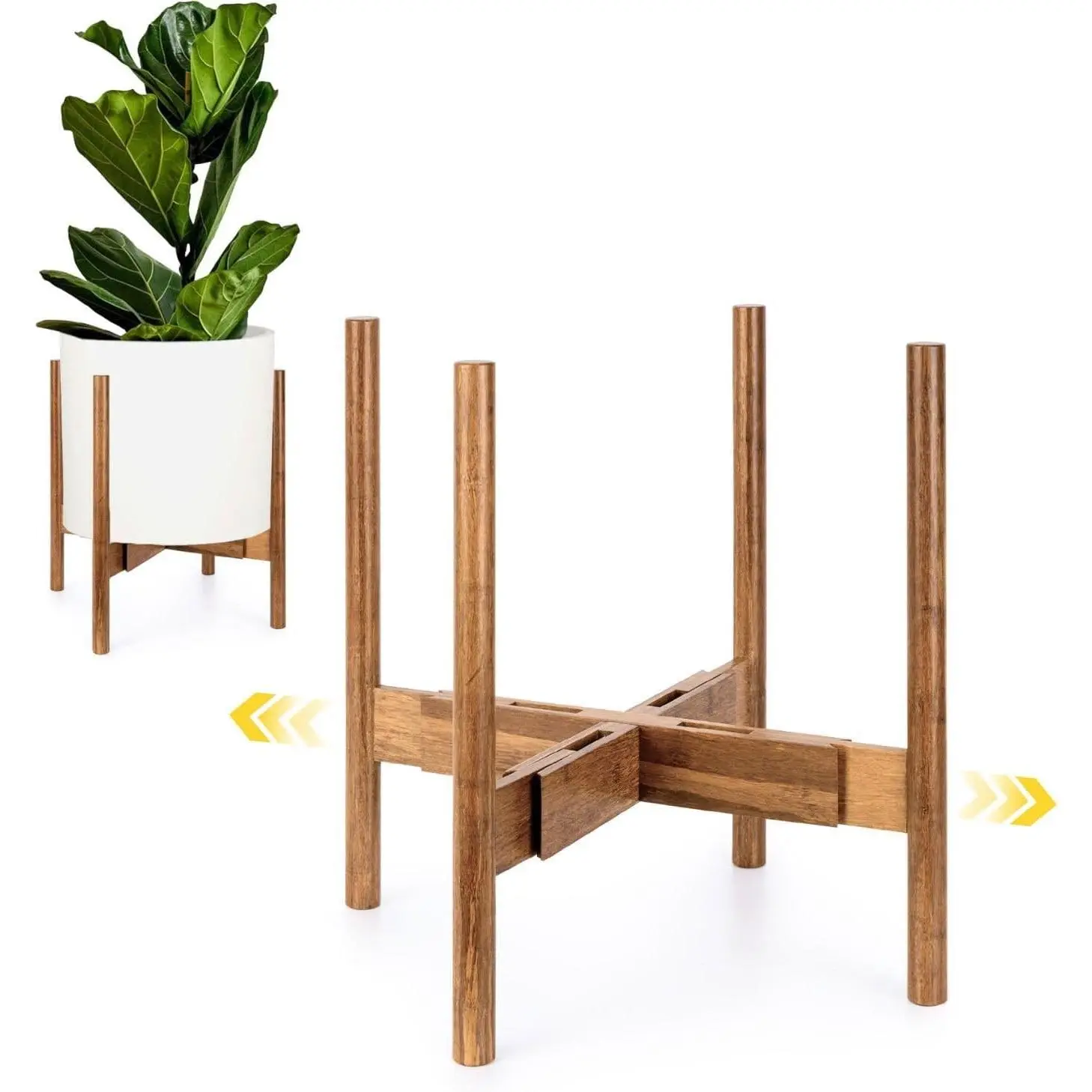 Large Adjustable Plant Stand Indoor — 11 to 15 Inch Mid Century Bamboo Plant Stand - Plug In Design - Easy to Assemble - Two Heights - For 11, 12, 13, 14 & 15 Inch Pots (Not Included)