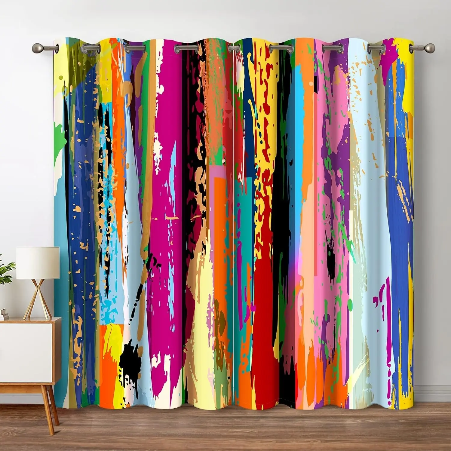 Abstract Semi-Sheer Curtains, Rainbow Design, Multicolor Gradient Pattern, Boho Style Decor, Eyelet Curtains, Set of Two, Curtain Panels, Bedroom Living Room