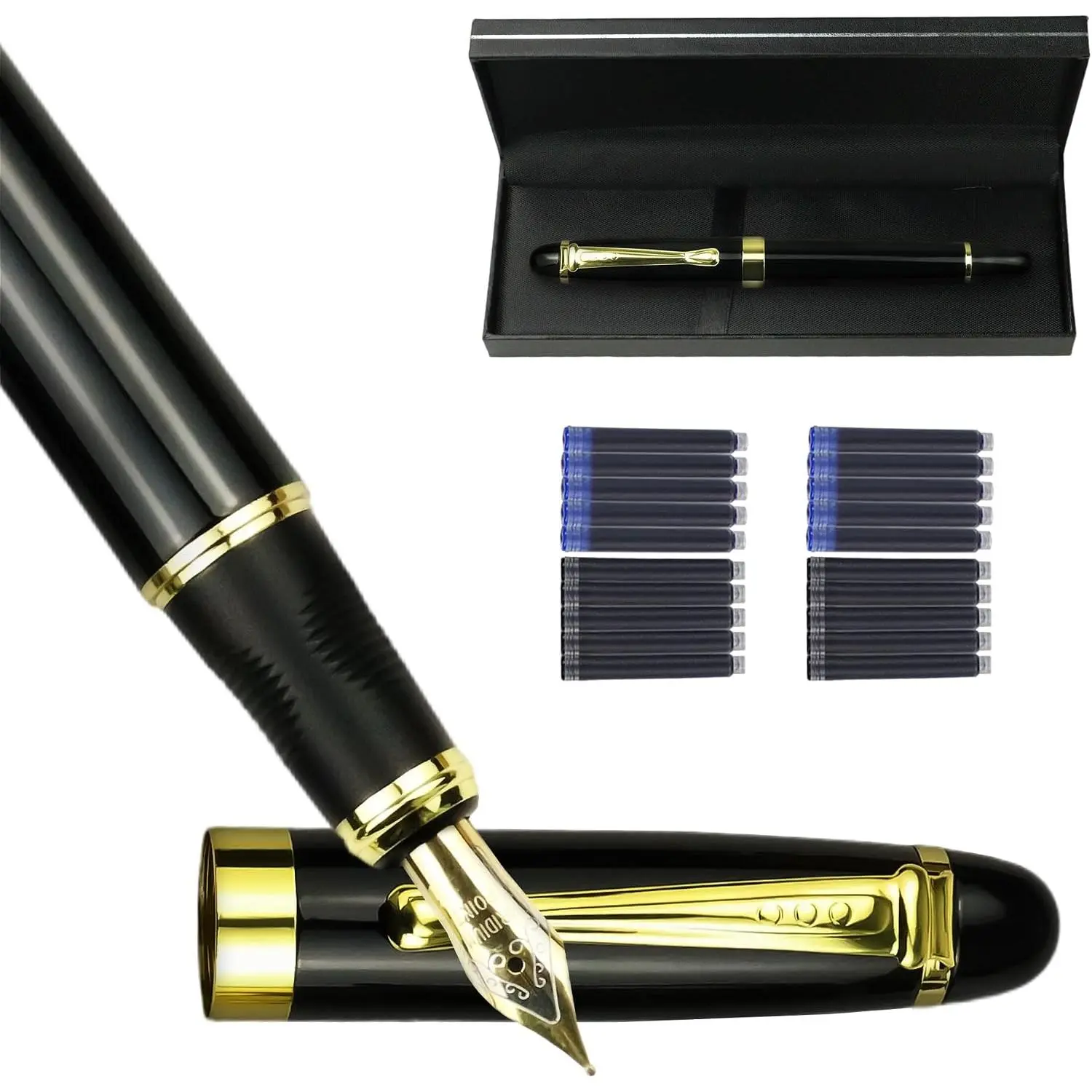 Marble Fountain Pen for Writing, Refillable Luxury Metal Pens with Ink Pen with 10 Black and 10 Blue Ink Refills, Business Writing Fountain Pen for Men and Women, Marble Black