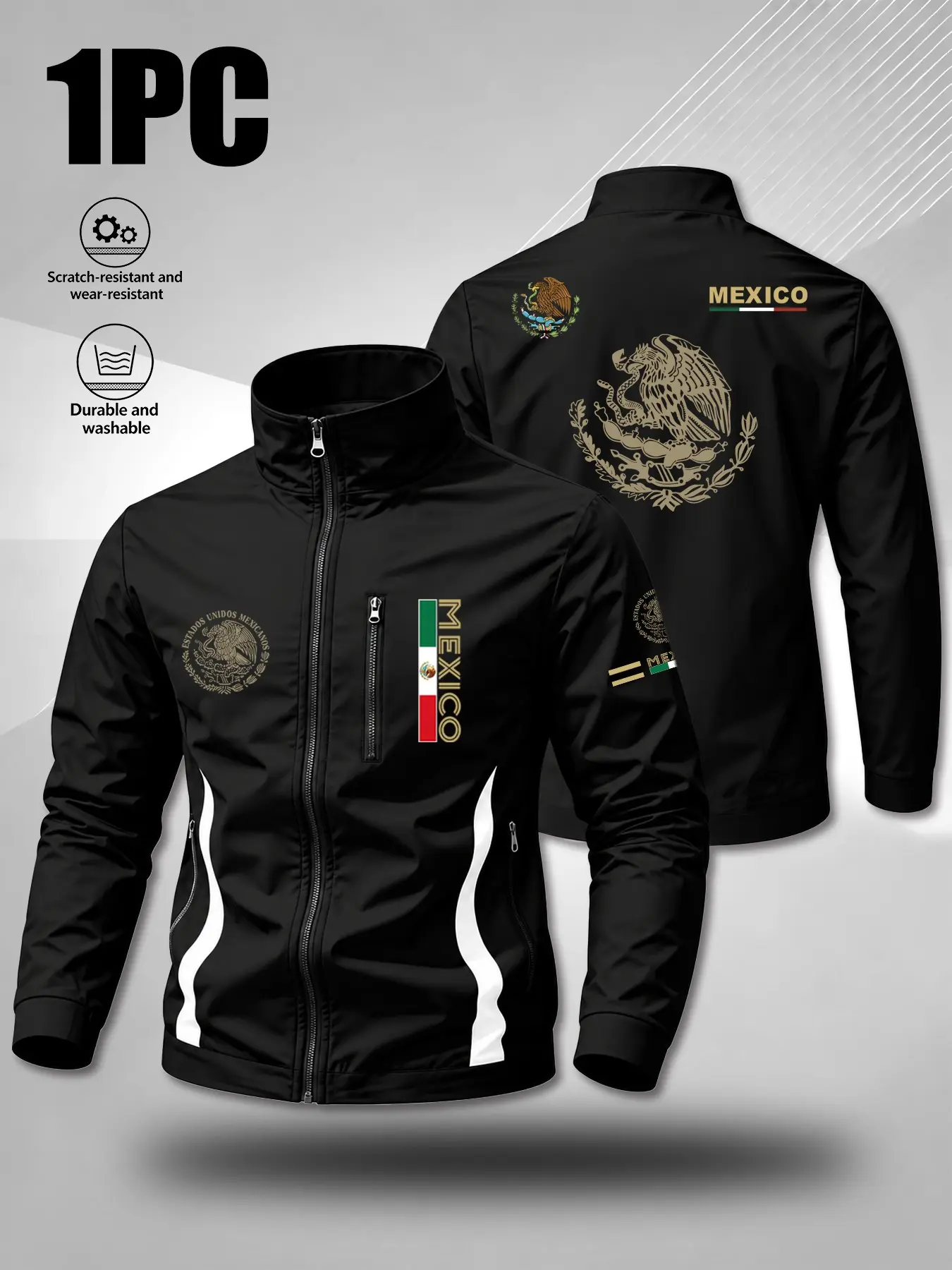 Mexican Flag Print Men's Stand Collar Jacket, Casual Loose-Fit Spring Fall Outerwear, Ideal for Daily Street Sports