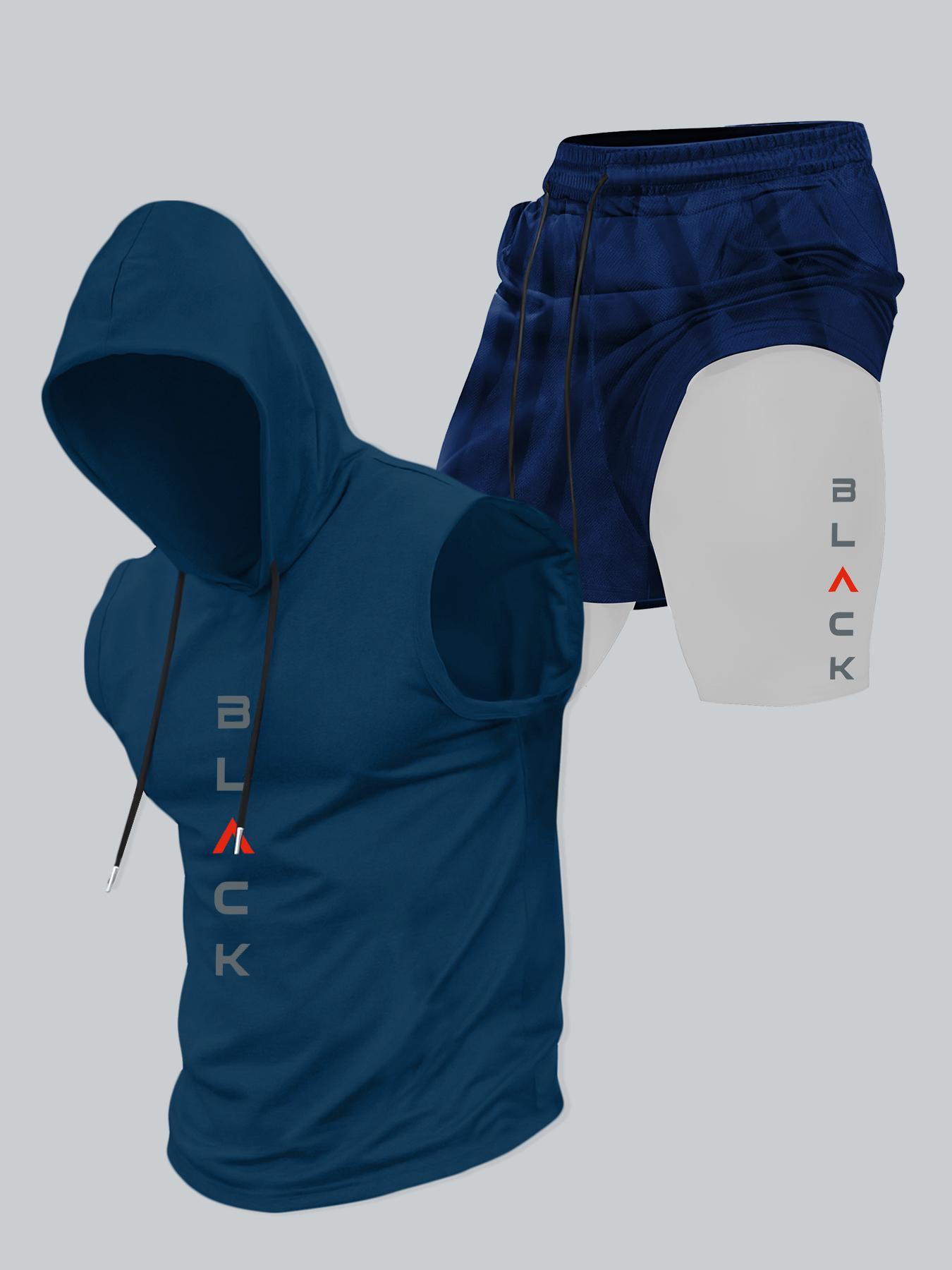 Two-Piece Set Men's Hooded Tank Top & Shorts Set, Regular Fit Casual Pullover Hoodie & Shorts, Men's Two-piece Outfits for Daily Wear, Casual Gym Wear