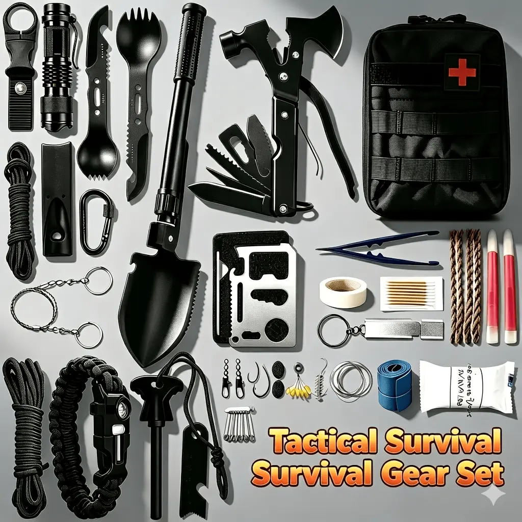 Survival Kit, Tactical Gear Set, Multifunctional Survival Gear with Kit, Shovel, Axe, Fire Starter, Compass, Paracord, Multi-Tool for Car Home Camping Hiking Hurricane Earthquake Preparedness.