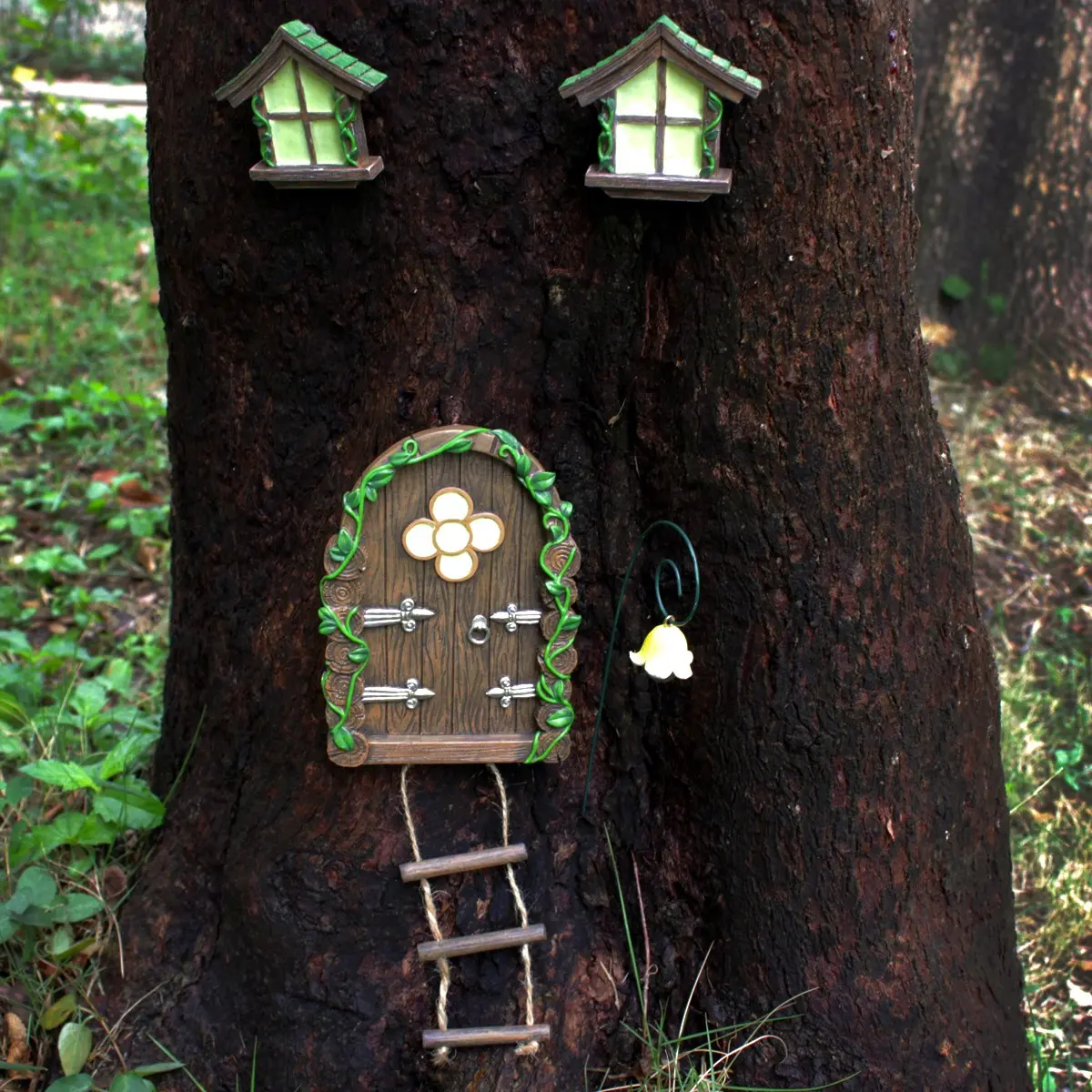 4pcs Glowing Resin Window Decorations, Fairy Tale Door, Garden Statues & Sculptures, Wall Mounted Outdoor Decoration, Forest Small House, Garden Accessories, Exterior Decorative Statues