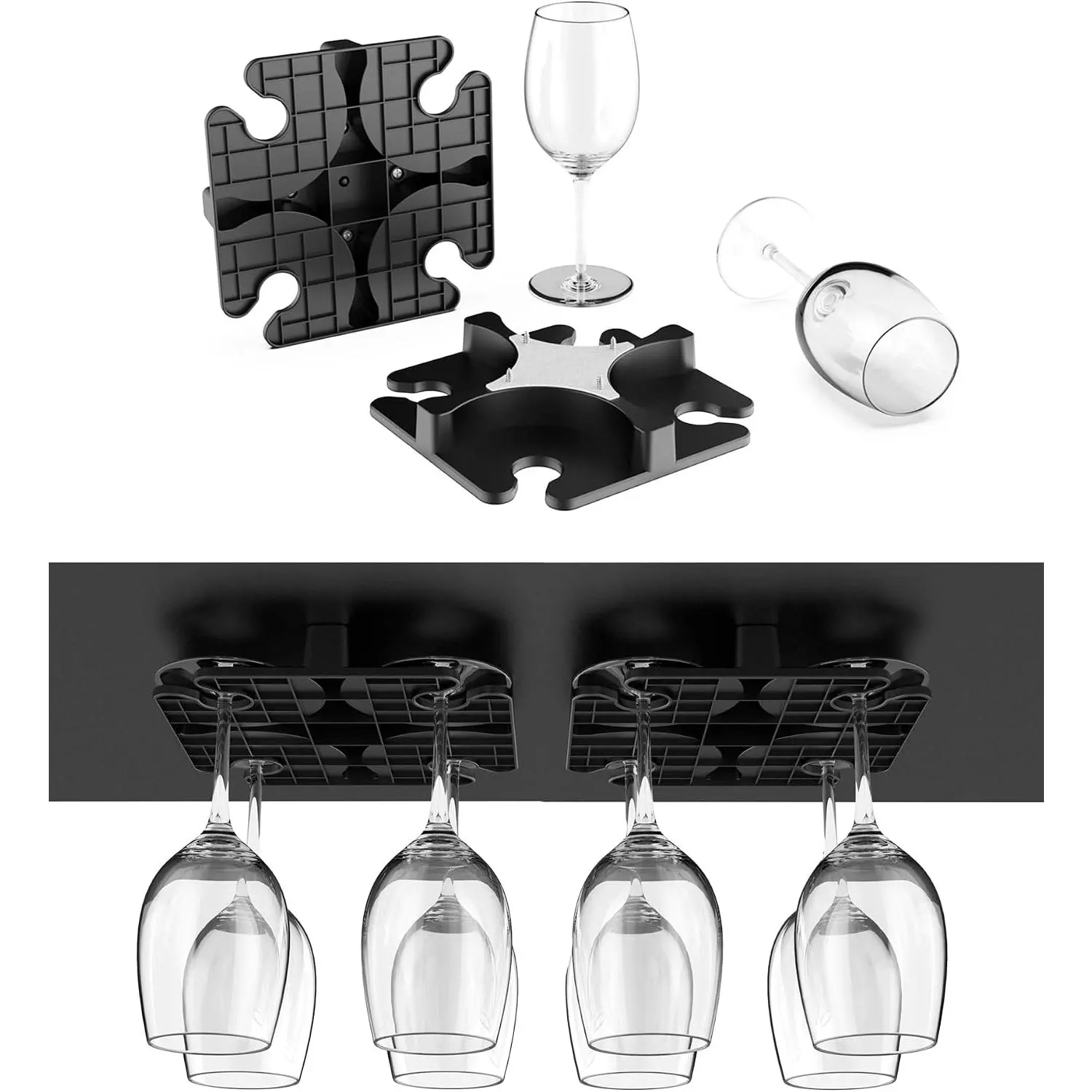 Glass Holder Under Cabinet, (Black) |  Glass Rack Fit for Storing  glasses Under Shelf, Table, Desk, Bar Counter, Stemware Rack Fixed by Screw or Adhesive