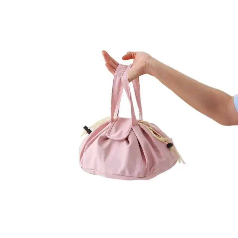 Large Drawstring Makeup Bag – Minimalist Barrel Cosmetic Pouch for Women, Portable Polyester Travel Toiletry Organizer, Plain Style Cosmetic Storage Bag for Daily Use, Travel & Essentials Packing