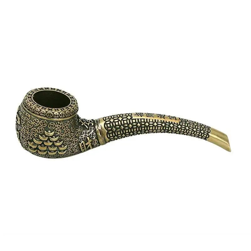 Retro Pure Copper Pipe Miniatures Antique Chinese Carved Brass Smoking Gun Pipe Tobacco Home Office Desk Decor Crafts Ornaments