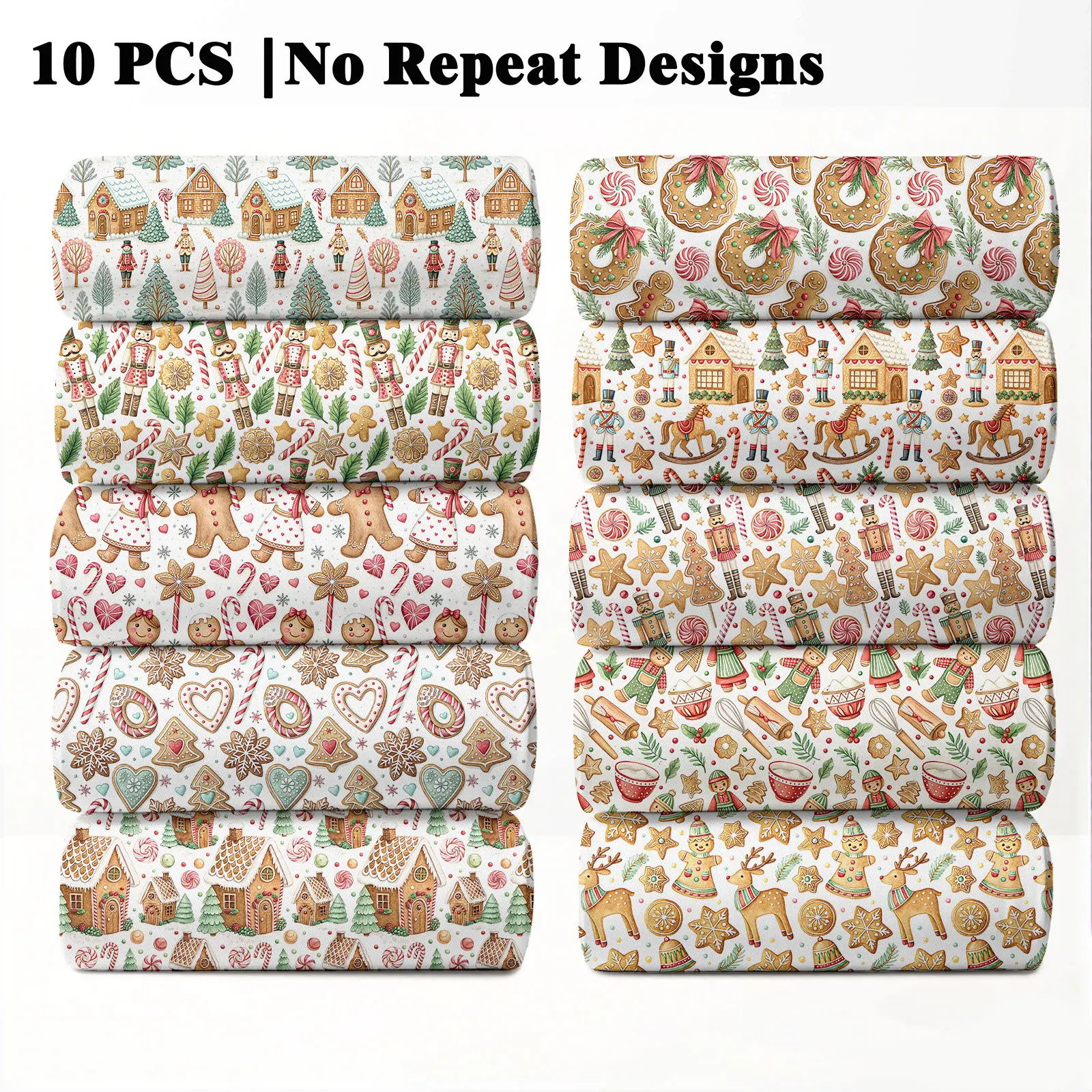 10PCS Gingerbread Print Fabric, 23x55cm (9x22in) Christmas Treat Theme Pattern Quilting Home Decor DIY