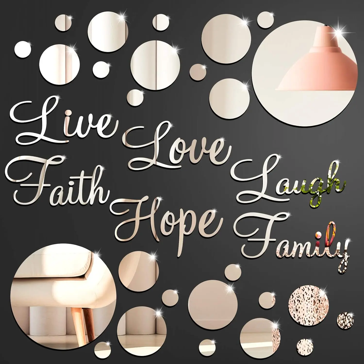 3D Acrylic Mirror Wall Decor Stickers 6 Word DIY Faith Live Laugh Hope Love Family Mirror Wall Decor 26 Solid Circle Stickers for Home Bedroom Office