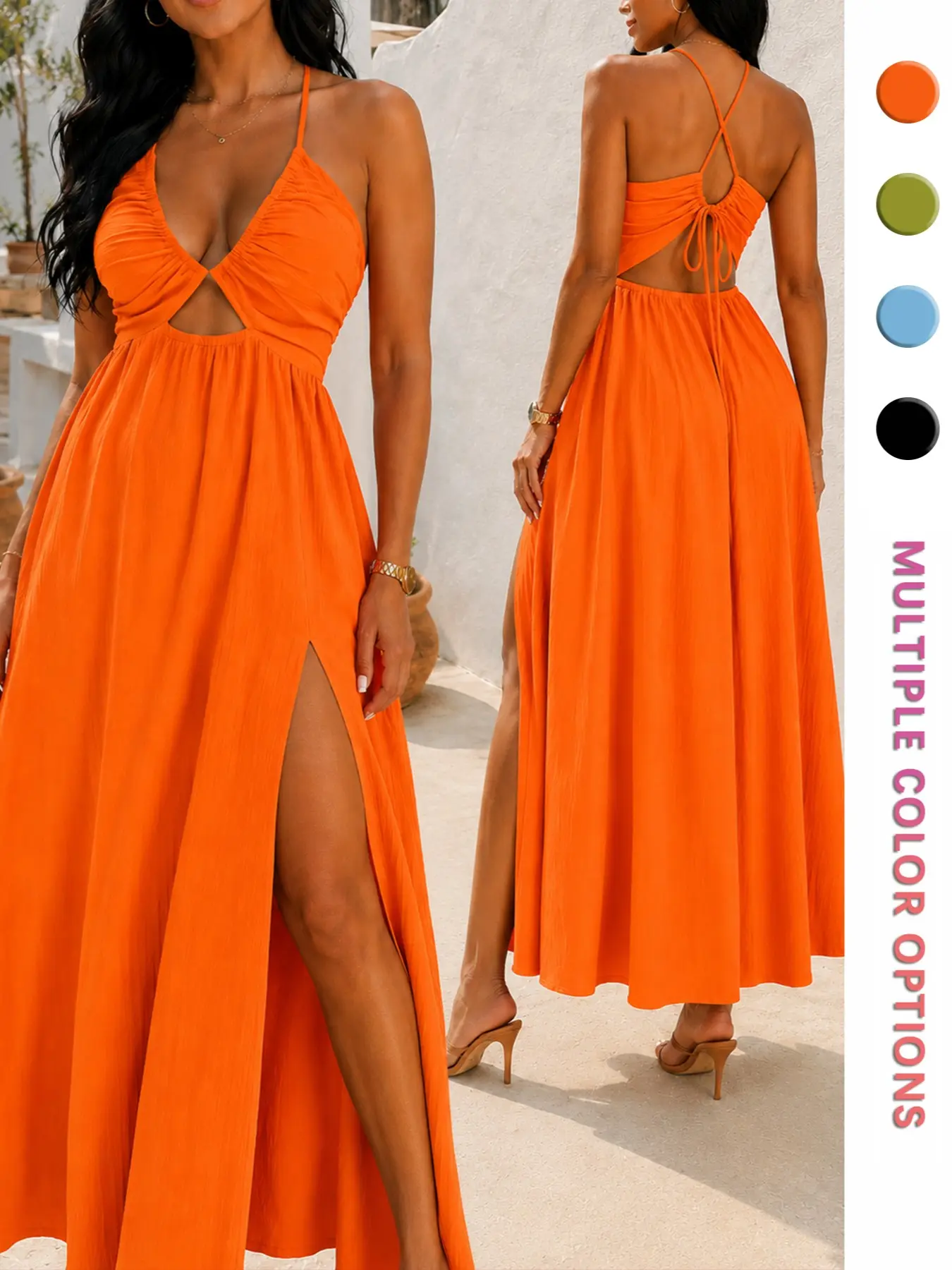 Summer Halter Long Dress for Women, Sexy Deep V Cutout High Split Ruched Waist Sleeveless Maxi Dress, Beach Party Outdoor Chic Casual Long Dress