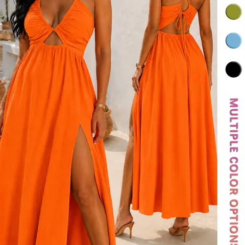 Summer Halter Long Dress for Women, Sexy Deep V Cutout High Split Ruched Waist Sleeveless Maxi Dress, Beach Party Chic Casual Long Dress, Halter Neckline Dress