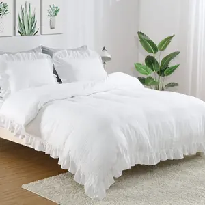 GARVEEJuego de Funda de edredón con Volantes Blancos, 3 Piezas, Microfibra Suave Lavada, clásico, Juego de Funda de edredón para Cama Queen, Blanco, 90 x 90 Pulgadas Bedding Sets