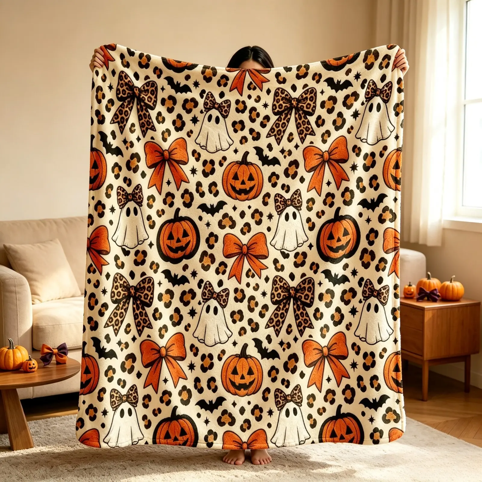 Halloween Soft Leopard Print Bow Ghost Pumpkin Flannel Throw Blanket - Cozy Lightweight Air Conditioner Blanket for Kids, Couch Sofa Bed, Fall Spooky Decor Camping Travel Gift