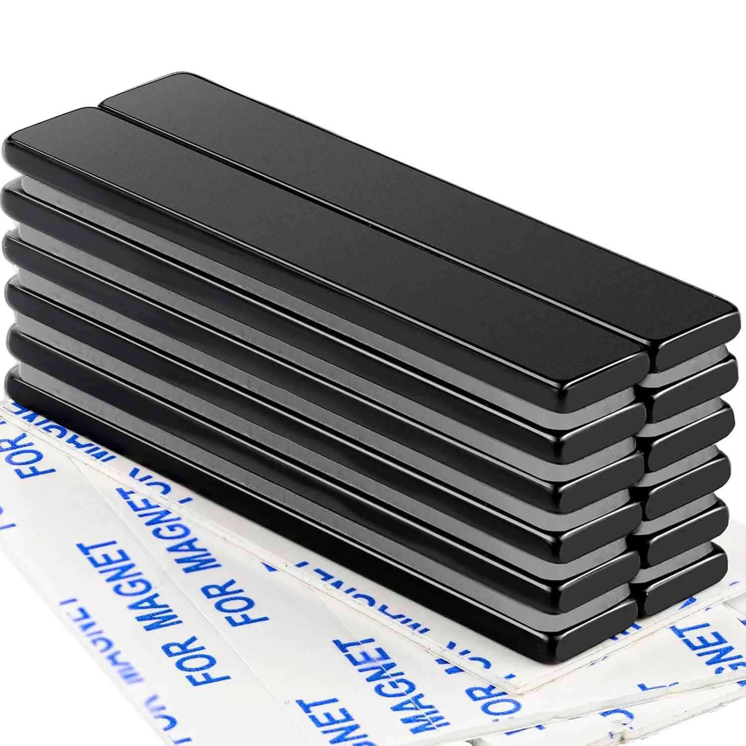 Heavy Duty Neodymium Flat Bar Magnets, 12-Pack Black Industrial Rare Earth Magnets with Adhesive Backing, 2.36"x0.39"x0.12" for Fridge, Whiteboard, 2.36" Size