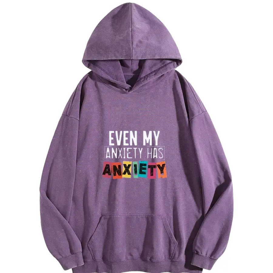 Wayii Vintage Washed Purple Oversized Hoodie - Even My Anxiety Has Anxiety Funny Mental Health Quote Graphic Pullover Sweatshirt, Casual Retro Humor Streetwear Loungewear For Men Women