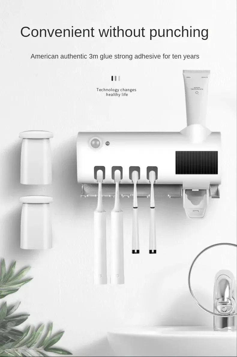 Holder Automatic Toothbrush Toothpaste Dispenser Set Dustproof Sticky Suction Wall Mounted Toothpaste Squeezer for Bathroom UV Sterilizer Smart Toothbrush Holder family decor