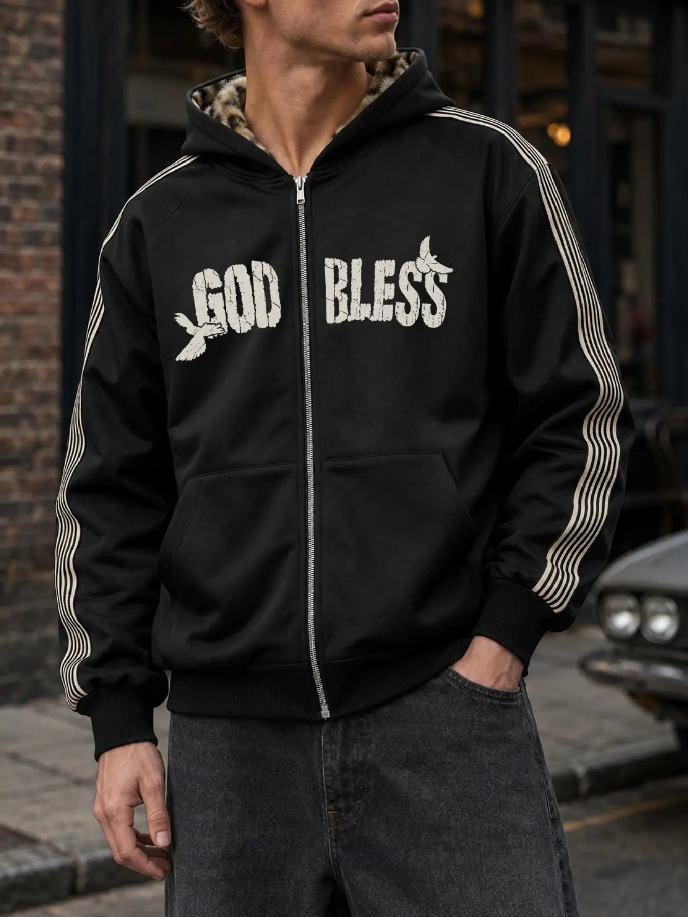 Vintage 'god Bless' Graphic Zip-Up Hoodie, Heavyweight Streetwear Pullover, Striped Sleeves, Distressed Print, Men's Urban Fashion